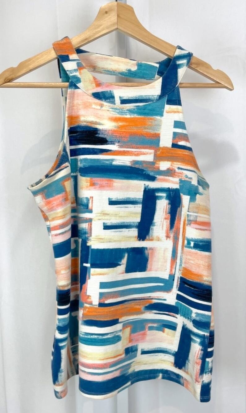 DELETTA M Anthropologie Brushstroke Isa High Neck Tank Top Open Back Multicolor